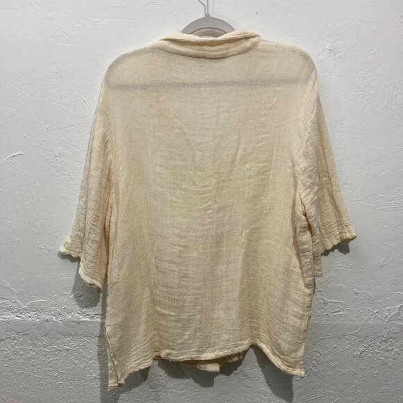 Jen’s Pirate Booty Gauze Button Up Shirt Top Short sleeve Minimalist Beige M/L - Picture 2 of 13